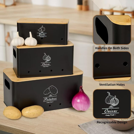3 Pack Metal Vegetable Storage,Onion Storage,Potato Storage and Garlic Storage Set,Kitchen Vegetable Keeper,Stackable Pantry Organizers with Ventilation Holes and Bamboo Lids(BLACK)