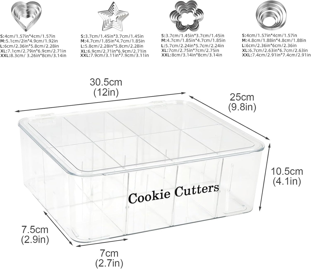 Cookie Cutter Tool Storage Box,Cake Decorating Supplies Accessories Bins,Baking Storage Containers,Transparent Dustproof Lid,biscuits Cutter Organizer Storage with 8 Adjustable Compartment