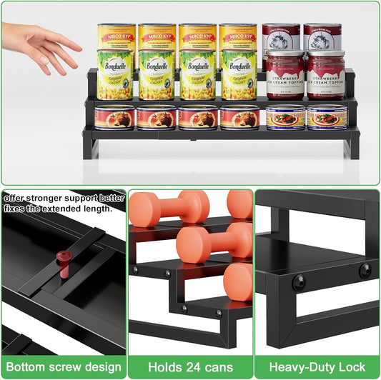 Dmevkic 3-Tier Expandable Can Organizer for Pantry,Adjustable 15''-25'' Metal Can Organizer Holds Up to 24 Cans,Can Holder for Pantry Kitchen Cabinet Countertop,Black