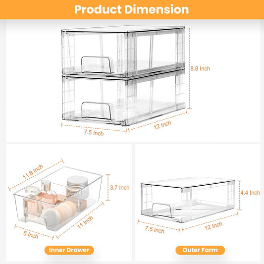 Stackable Storage Drawers with Handles, Easy Assembly Clear Acrylic Fridge Organizer, Refrigerator Organizers and Storage for Kitchen, Under Sink, Pantry, Bathroom