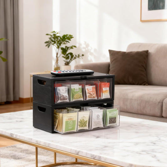 Bamboo Tea Bag Organizer for Cabinet & Countertop - 2-Piece Stackable Tea Box Set, Large Capacity Storage Containers for Tea Bags & Packets - Modular Pantry Organization & Kitchen Tea Station Holder