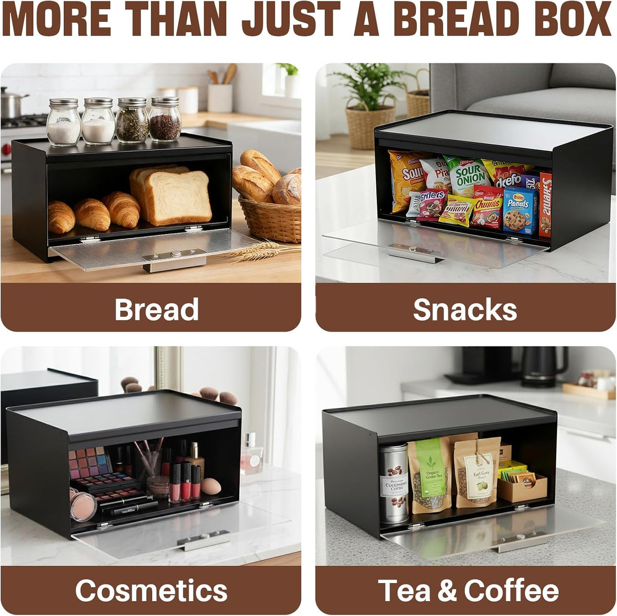 Metal Bread Box for Kitchen Countertop, 10 Quart Morden Bread Storage Container for Homemade Bread, No Assembly Required, Easy Cleaning, Never Cracks, Black