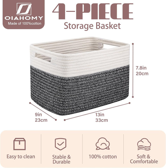 OIAHOMY 4 Pack Storage Baskets for Organizing, Basket for Shelves with Handle, Woven Baskets for Storage Toys, Towels, Books, Cotton Rope Basket 13" L x 9 " W x 7.8 " H, Brown & White