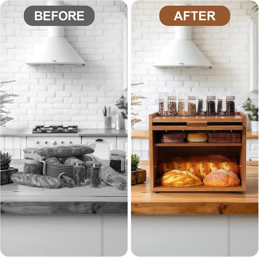 Bread Box for Kitchen Countertop Container Bin 2 Layer Wooden Bread Storage Adjustable Shelf Holder Large Capacity Modern Farmhouse Food Organizer Acrylic Window (Brown)