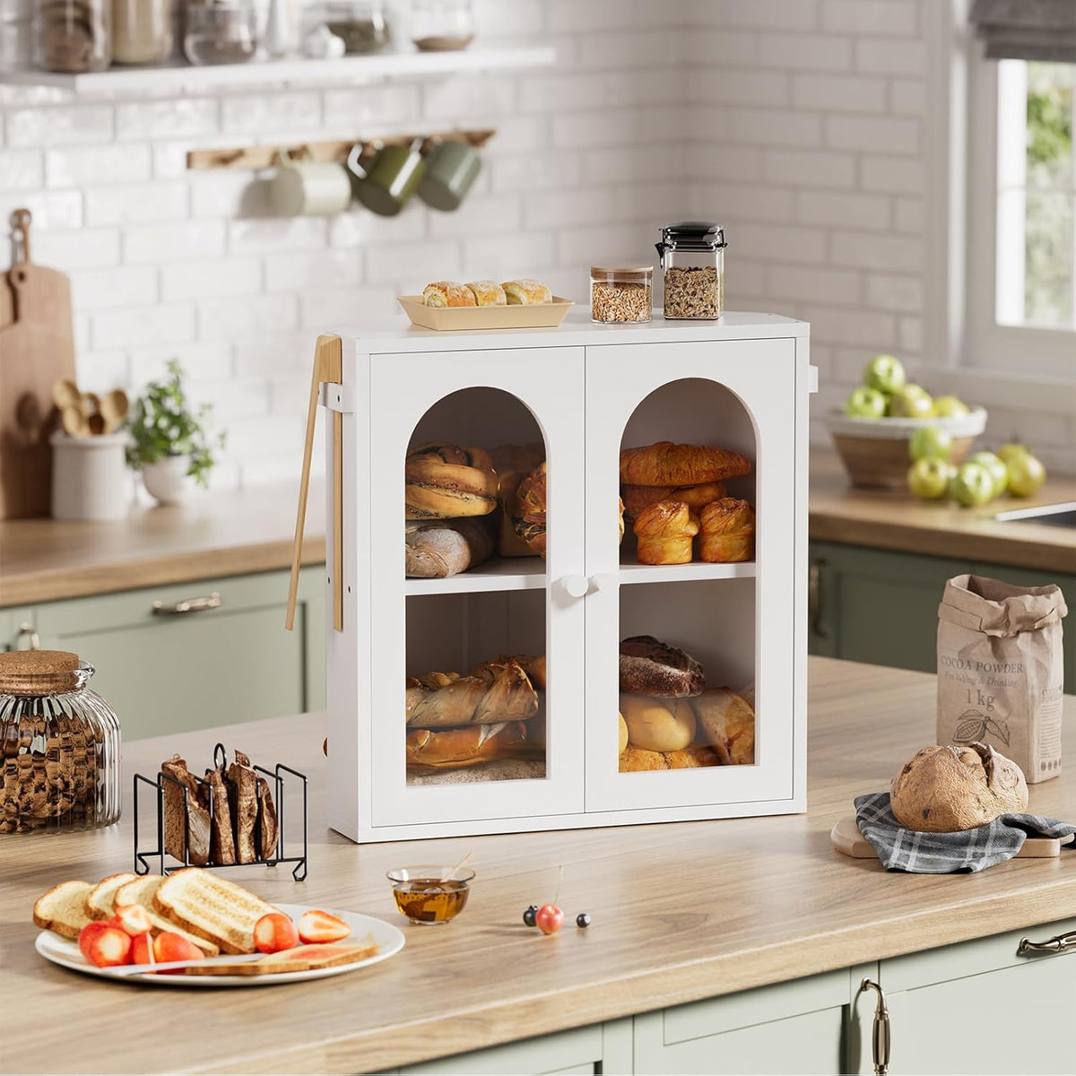 WOWLIVE Corner Bread Box for Kitchen Countertop, 2 Tier Bamboo Bread Storage Container for Homemade Bread with Clear Acrylic Door Panel, Large Bread Bin Farmhouse Breadbox Organizer (Black, Medium)
