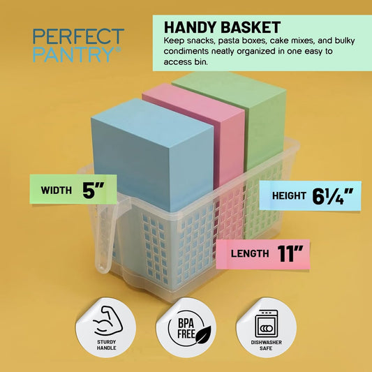 Handy Basket – Kitchen Discovery – Kitchen Pantry Organizers and Storage - Plastic Organizer Bins with Handles in Large Size for Chip Bags, Cake Mixes, Pasta, and Condiments