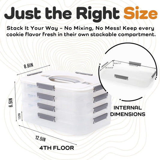 Cookie Storage Containers 4-Layer Stackable with Lids & Handle | BPA-Free Cookie Storage Containers, Cookie Carrier with Lid and Handle, Cookie Storage Container for Baked Goods, Snacks, Travel