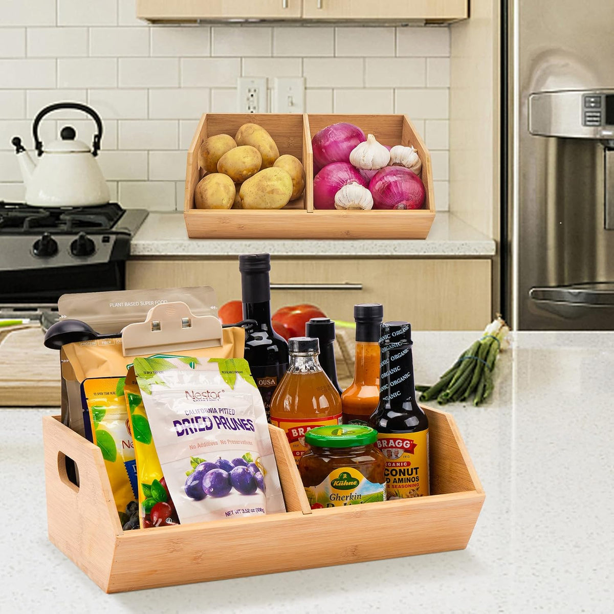 2 Set Bamboo Storage Bin, Pantry Organization and Storage Baskets, Kitchen Organization, Potato and Onion Storage Bin - Ideal for Pantry, Countertop, and Vegetable Storage