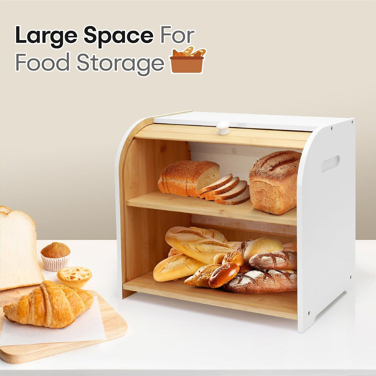 Bread Box for Kitchen Countertop, Double Layer Bamboo Bread Storage Container for Homemade Bread, Roll Top Bread Box with 3 Adjustable Height for Kitchen Counter, Black Breadbox Organizer