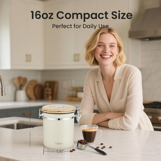 Veken Coffee Canister, 39OZ Large, Mothers Day Gifts For Women, Airtight Stainless Steel Food Storage Container for 2.2lbs Coffee Beans, Ground, Sugar, Tea, Flour, Cereal,Kitchen Bar Accessories,Cream