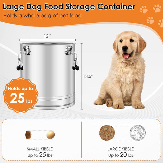 Stainless Steel Dog Food Storage Container,20LB/25LB Airtight Dog Food Storage Container with Lid to Keep Fresh,Easy Clean Large Pet Food Storage Container with Scoop for Cat Food,Chicken Feed,Rice