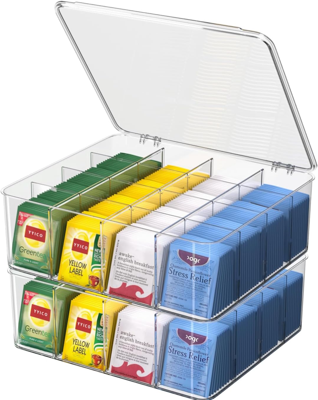 Tea Bags Organizer with Lid: Extra Large Tea Bag Holder - 16 Adjustable Compartments, Clear Stackable Tea Bag Storage Box for Tea Bags, Coffee Bar, Pantry & Kitchen Counter