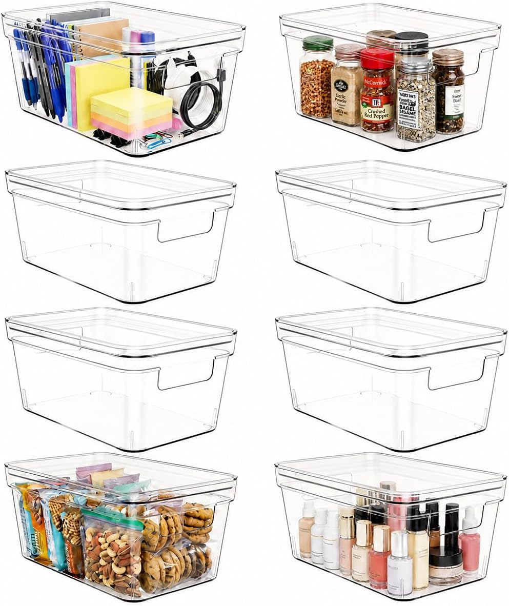 MOONEDGE Small Clear Plastic Storage Bins with Lids and Handles,Stackable Small Item Organizer Containers for Vanity,Craft,Office,Fridge,Kitchen,Pantry,Bathroom,Closet – (10×6×5 in)