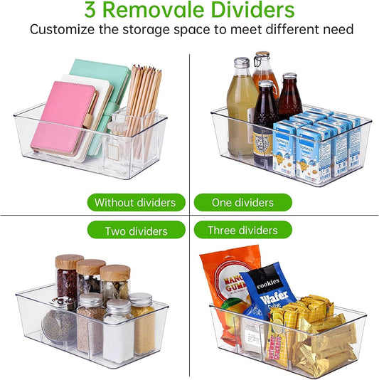 wilfox Pantry Organization, 3 Pack Clear Organizer Bins with Removable Dividers for Pantry, Kitchen, Fridge, Cabinet, Stackable Storage Bins for Snack, Pouches, Spice Packets