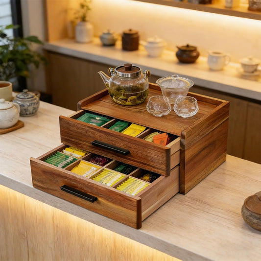 Double Drawer Acacia Wood Tea Bag Organizer, 21-Slot Tea Organizers and Storage, Tea Box Organizer Storage Box for Countertop Office Coffee Corner – Bring Warmth and Order to Your Tea Corner