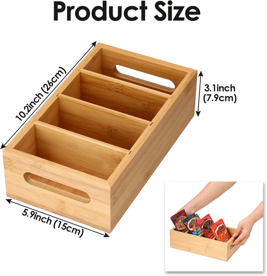 BSTKEY Seasoning Packet Organizer, Food Storage Organizer with 4 Removable Dividers, Bamboo Storage Caddy for Pantry Kitchen Cabinet, Kitchen Organization Bin with Handle for Snacks Spice Packets