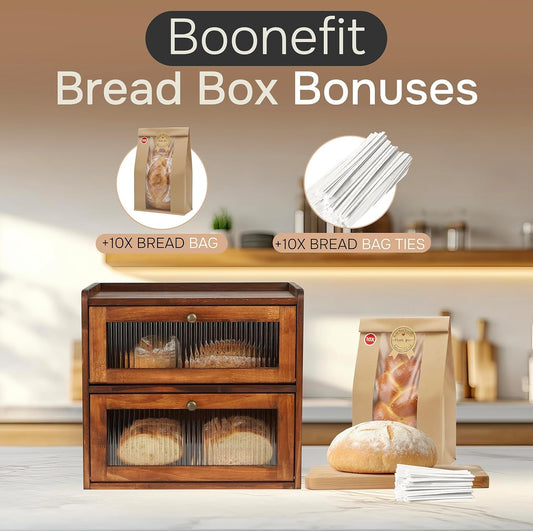 Bread Box for Kitchen Countertop - Wooden 2 Tier Bread Box with 10x Bread Bags and 10x Bread Bag Ties Vintage Breadbox Bread Storage Container Farmhouse Food Organizer Pantry Shelf