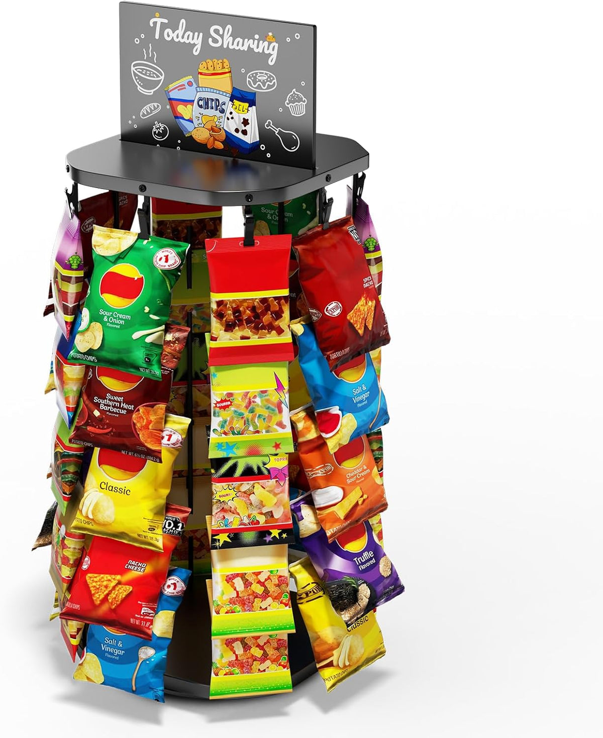 Chip Rack Display Stand with Heavy-Duty 360° Smooth-Rotating Metal Base, 5 Tiers 40 Clips Chip Bag Holder Display, Candy Stand, Snack Organizer for Countertop, Party, Store Concession Stand