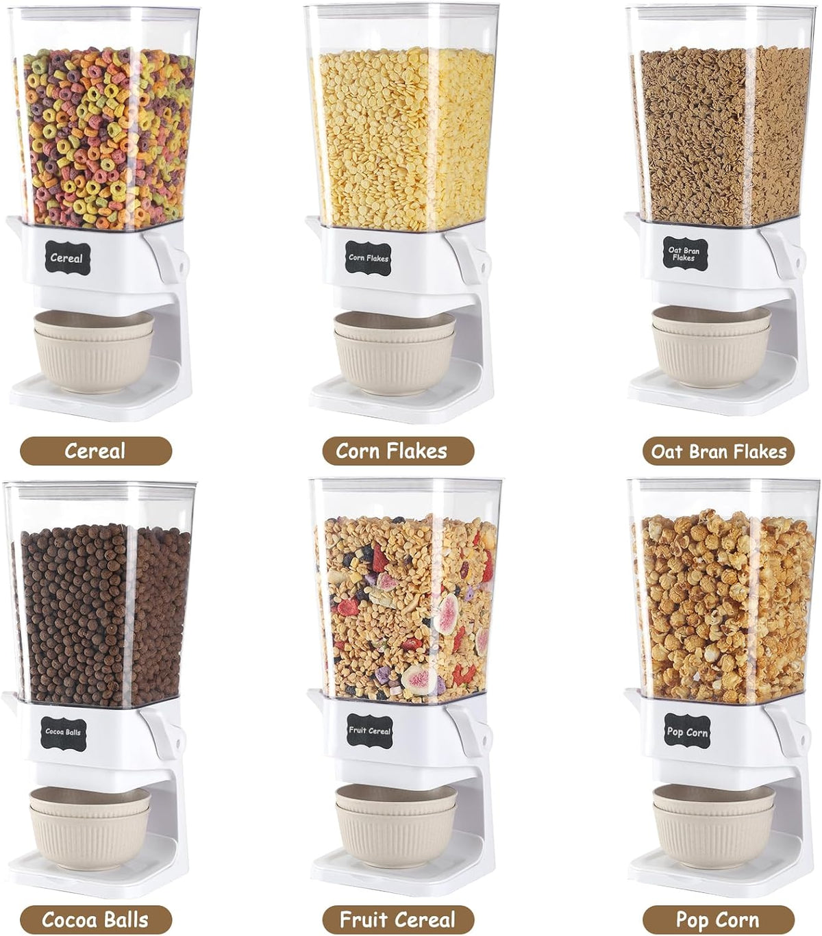 Cereal Dispenser Countertop with Cereal Bowls,16 Labels & Pen, Cereal Containers Storage, Candy Dispenser, Dry Food Dispenser For Pantry - Not Easy to Crush Food (Black, 2 Pack)