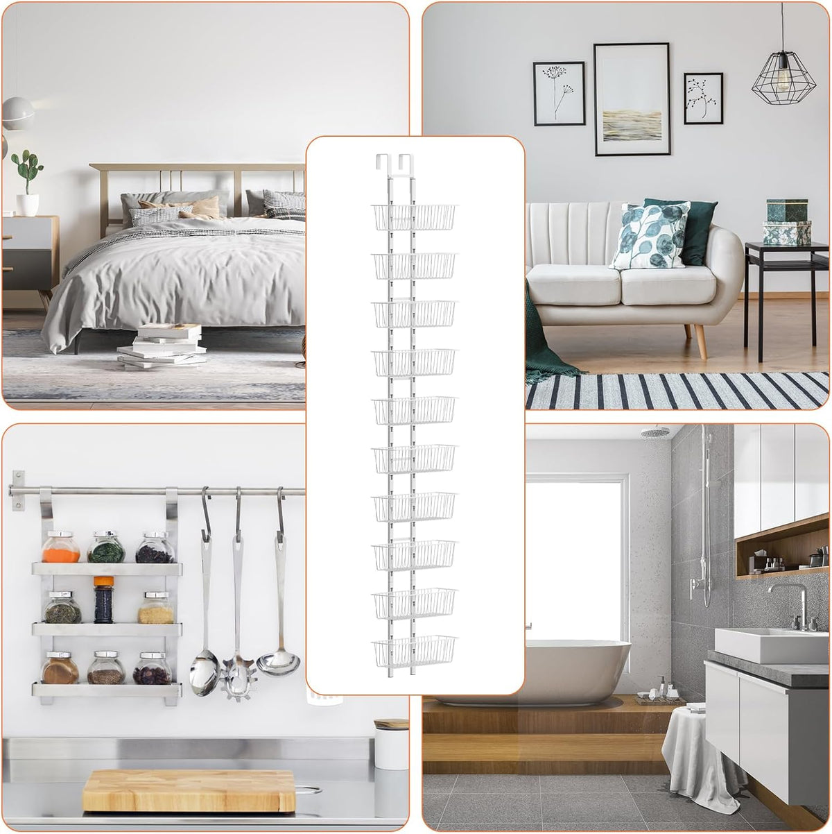 10 Tier Over the Door Pantry Organizer, Over the Door Spice Rack with Adjustable Baskets, Metal Hanging Door Pantry Organizers and Storage for Kitchen Bathroom Bedroom, White