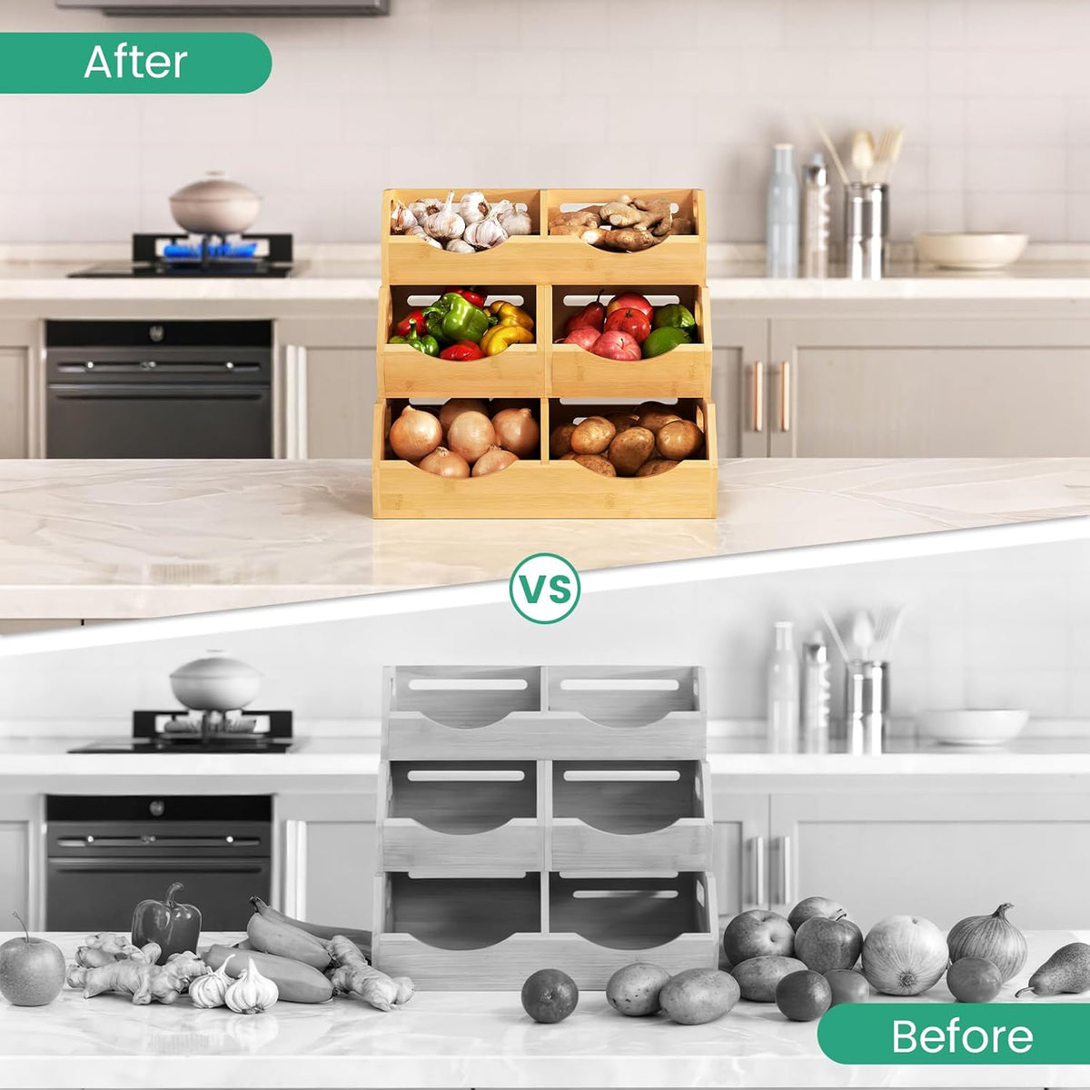 Potato Storage Bins Onion, 3 Tier Bamboo Pantry Storage Bin Stackable Ventilated Organizer for Kitchen, Pantry, Countertop, Bathroom, Black