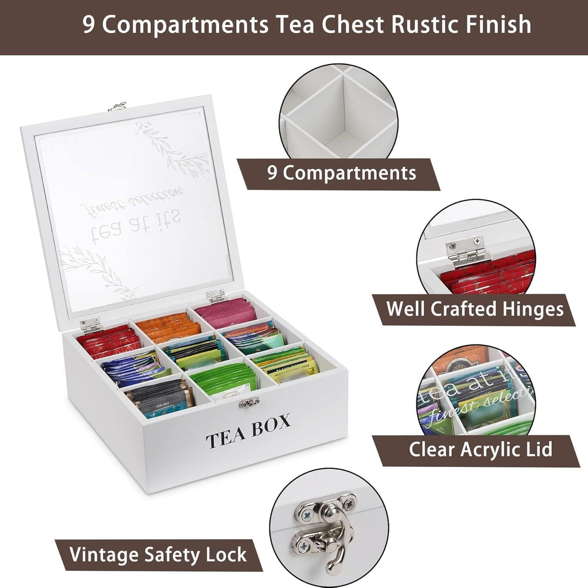 Tea Box Organizer,Wood Tea Bag Holder Organizer,Modern Teas Bag Storage with 9 Compartments and Glass Cover for Home Office Gift