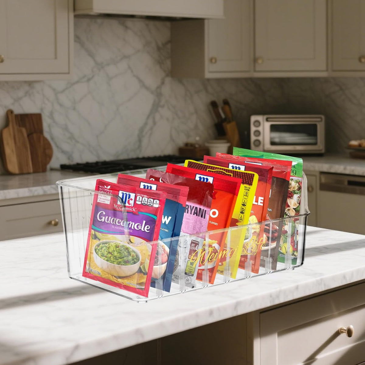 Rainmae Seasoning Packet Organizer with 7 Removable Dividers, Drink Packet Organizer Condiment Storage Caddy for Kitchen Pantry Cabinet Countertop Holds Spice Hot Chocolate Sauce Organization, Clear