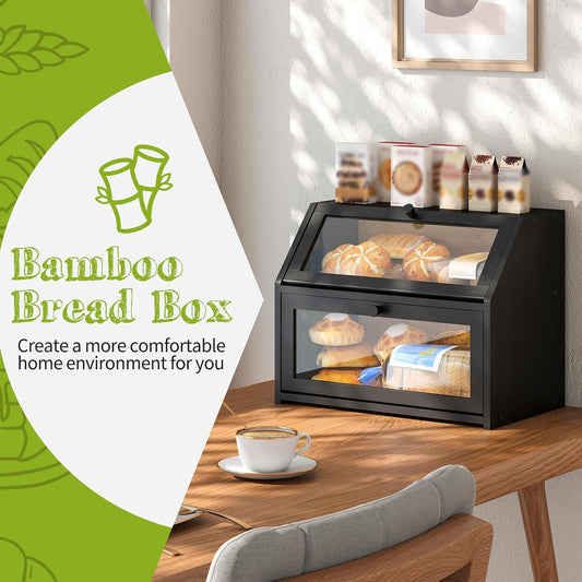 BMOSU Farmhouse Bread Box for Kitchen Countertop Bread box Double Layer Bamboo Wooden Extra Large Capacity Bin Kitchen Food Storage Container(Natural)