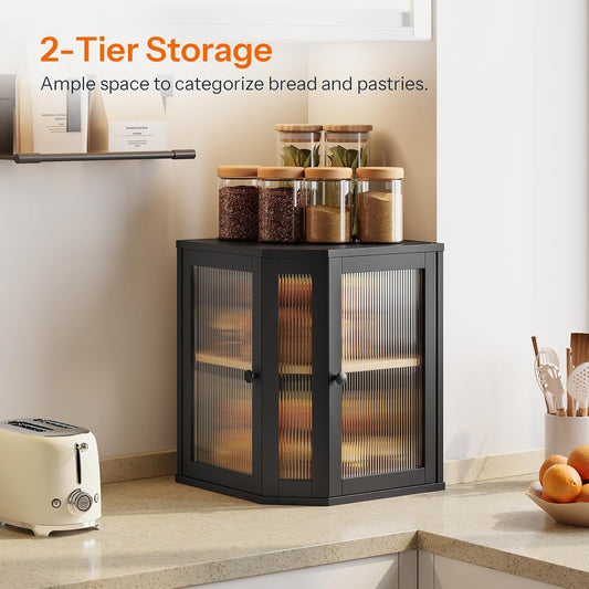 HOOBRO Bamboo Bread Box, Kitchen Countertop Corner Bread Box, Large Capacity 2-Tier Bread Container, Bread Storage Container with Dual Rippled Acrylic Doors, for Kitchen Food Storage, Natural YL12MB01