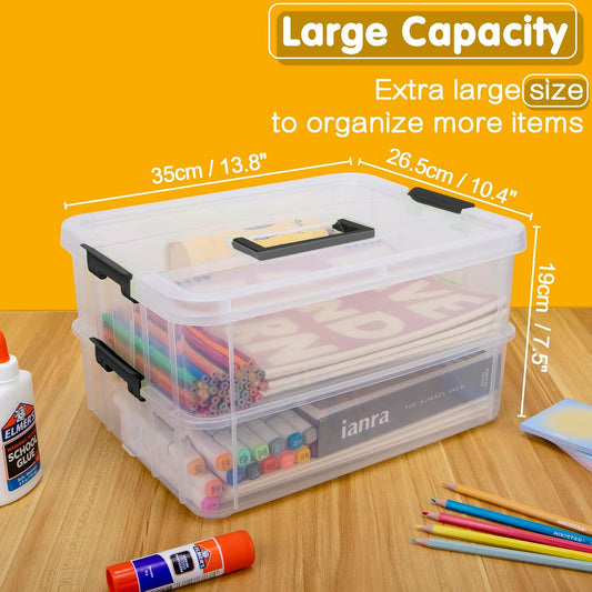 TERGOO 2 Layer Plastic Storage Containers with Lids, Multipurpose Clear Stack & Carry Box, Portable Craft Organizers and Storage Bin for Organizing Art & Craft, Sewing, Makeup, Nail Supplies (Blue)