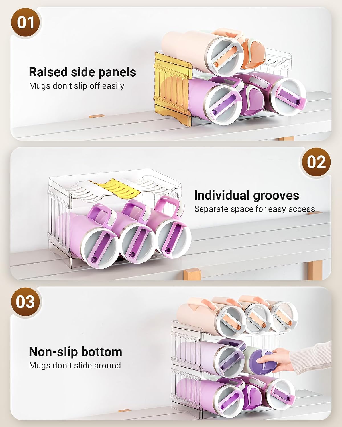 Gracenal Water Bottle Organizer for Stanley Cup Accessories, Cabinet Organizers and Storage for Meoky 40 oz Tumbler with Handle, Fridge Tumbler Organizer Kitchen Gadgets Gifts, 2Pack Large-6-bottle