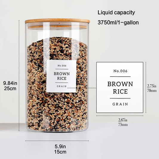 HHMJSM Large Glass Storage Jars With Airtight Bamboo Lid - 100 Fl Oz Thicken Kitchen Glass Food Storage Canister With 42 Pantry Labels - Big Clear Flour And Sugar Containers Farmhouse