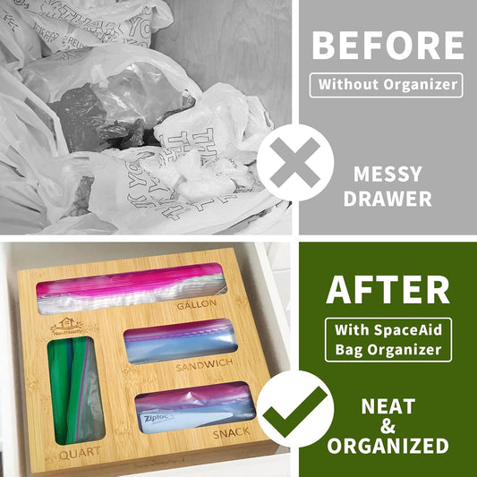 Bamboo Bag Storage Organizer for Kitchen Drawer – Expandable Drawer Organizer Compatible with Gallon, Quart, Sandwich, and Snack Bags – Versatile Storage Solution for Plastic Bags