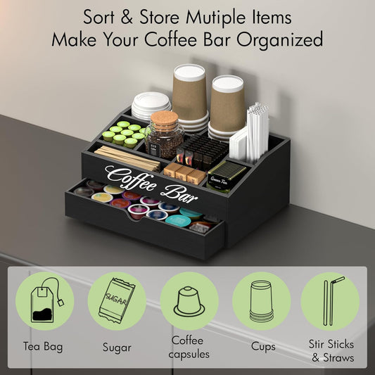 Suli Coffee Bar Station Organizer,Extra Large Wooden Countertop Pods Holder with Drawer,Storage for Condiment Syrup Tea Cups,Rustic Bar Decor for Accessories Organizer (2 Tiers 11 Compartments)-Black