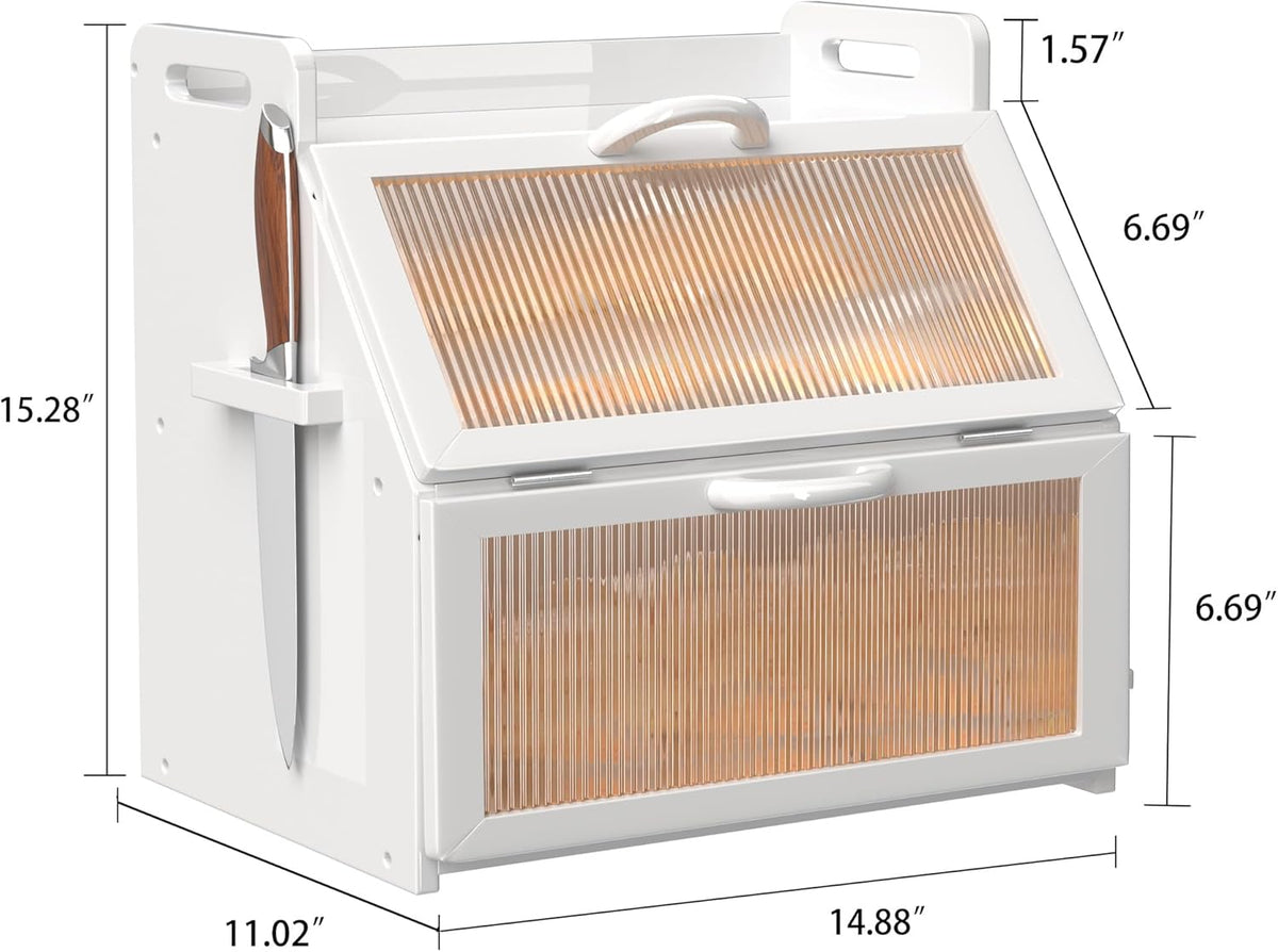 Bread Box, Bread Box for Kitchen Countertop, Large Bread Storage Container for Homemade Bread, Wooden Farmhouse Breadbox Organizers, Double Layer Bread Bin with Acrylic Window Bread Holder,White