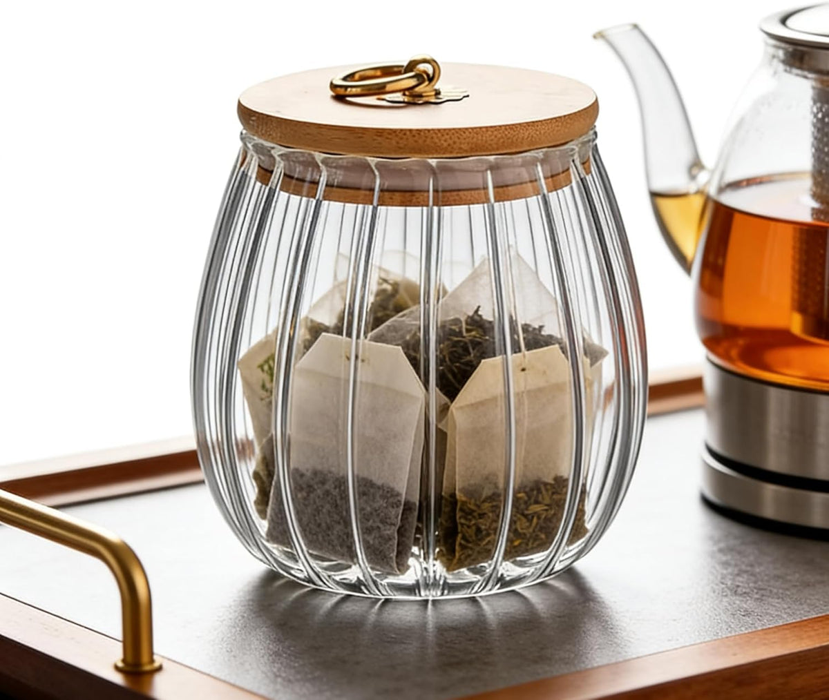 FANTESTICRYAN Glass Coffee Nuts Canister Airtight Storage Jar Petal Decorative Container with Bamboo Lid Metal Handle Easy to Grasp 700ml, 23 FL OZ