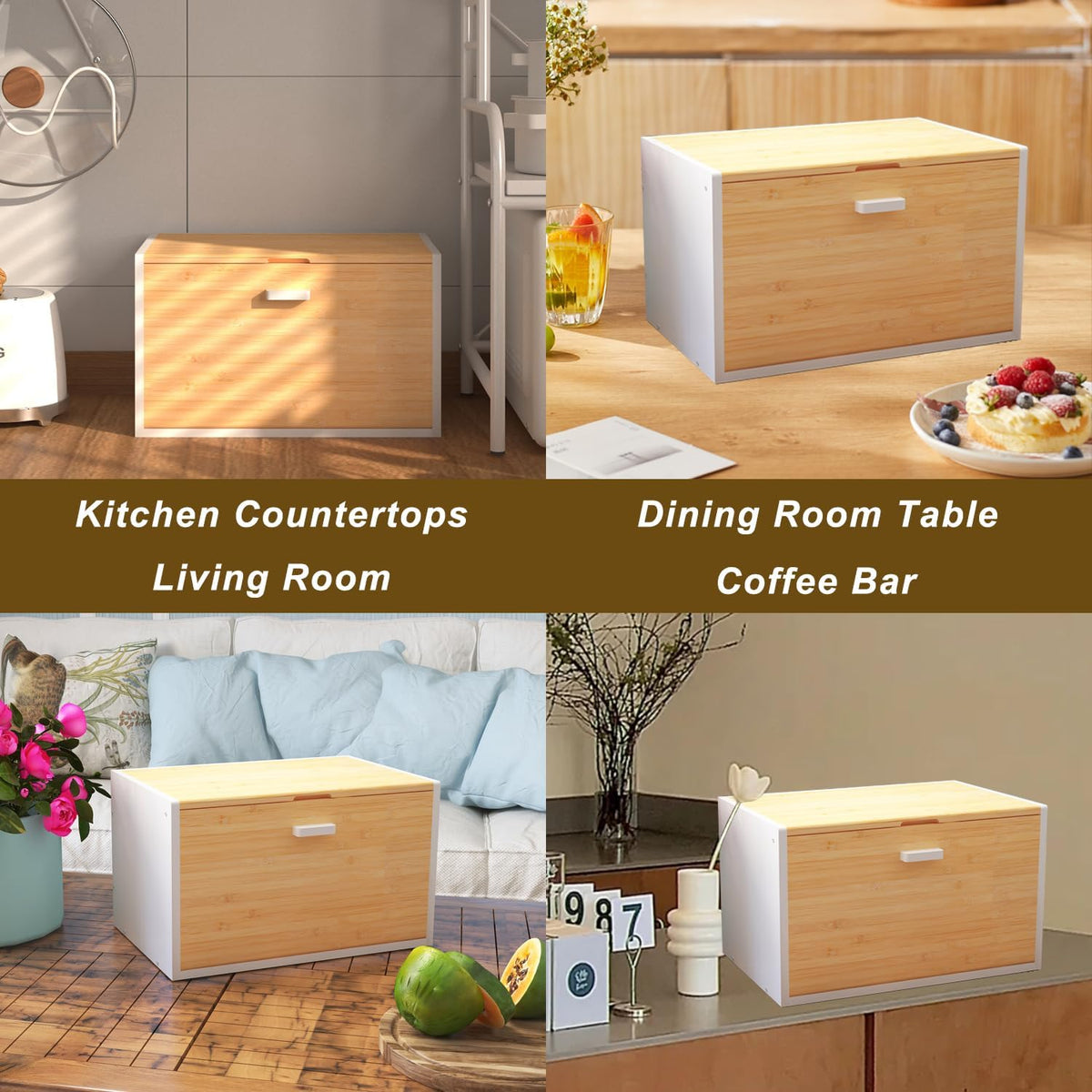 MinBoo Bread Box - Bamboo Bread Box for Kitchen Countertop, Large Capacity Kitchen Countertop Organizer Storage Bread Container Keep Fresh 14.1"x9"x8.3" (Need Assembly) (white&Bamboo)