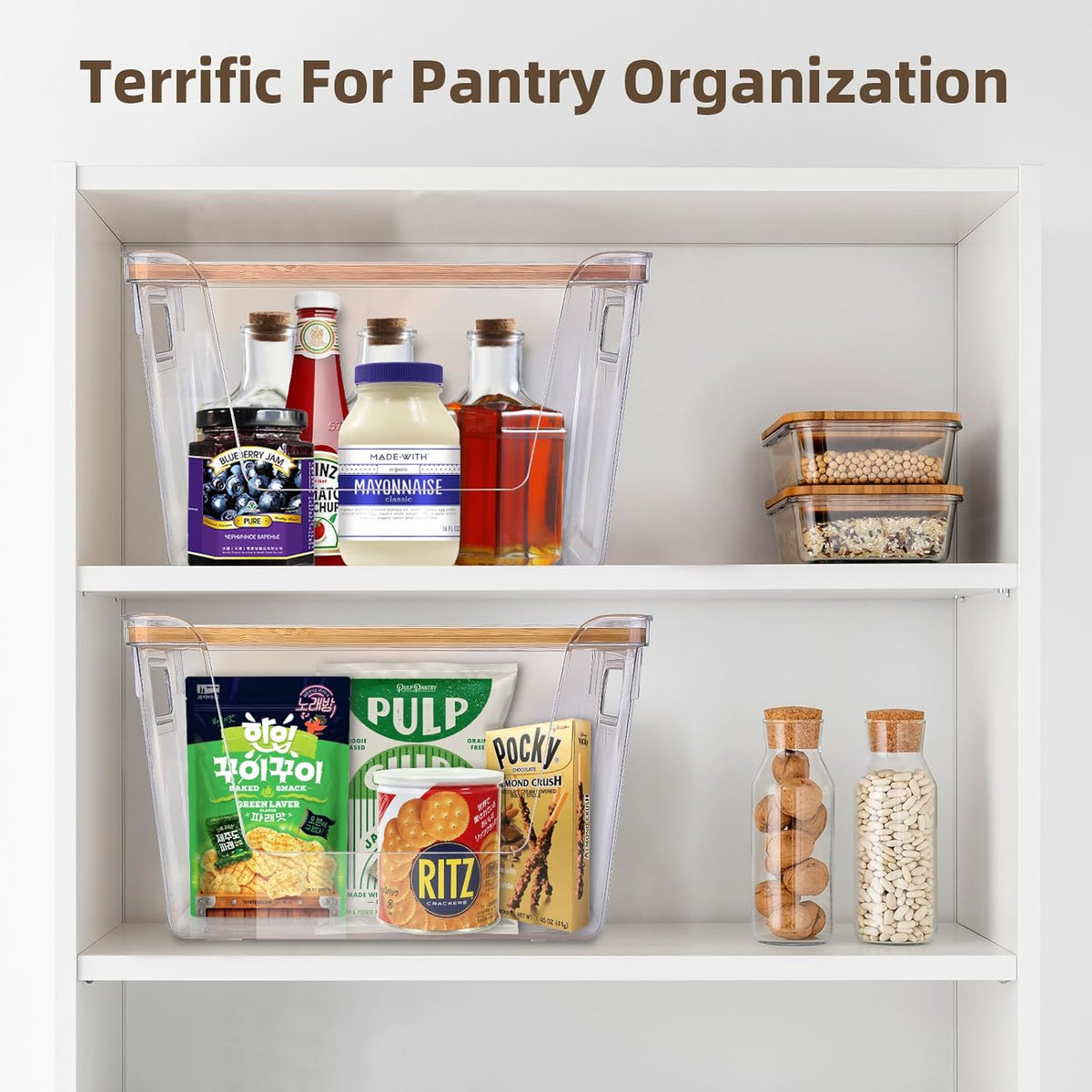 2 Set Pantry Organizers and Storage - Stackable Pantry Storage Bin Containers for Potato, Onion, Garlic, Fruit, Vegetable, Produce - Clear Front Open Kitchen Under Sink Organizer with Lid