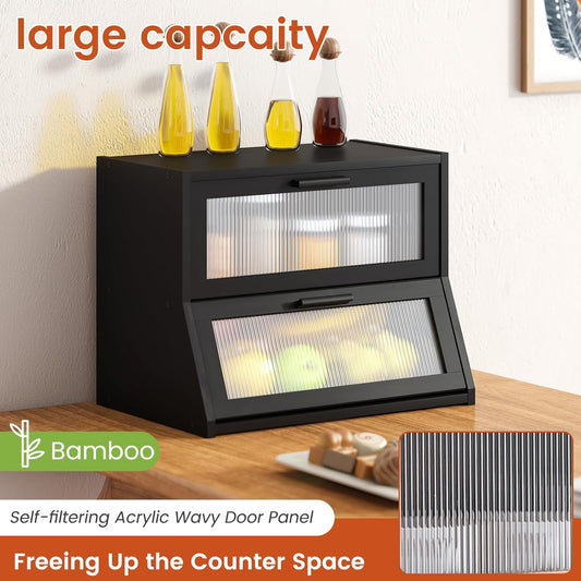 GHWIE Double Layer Bamboo Bread Box for Kitchen Counter,Large Capacity Bread Storage Bin,Bread Container with Acrylic Wavy Door Panel (Natural, Medium)