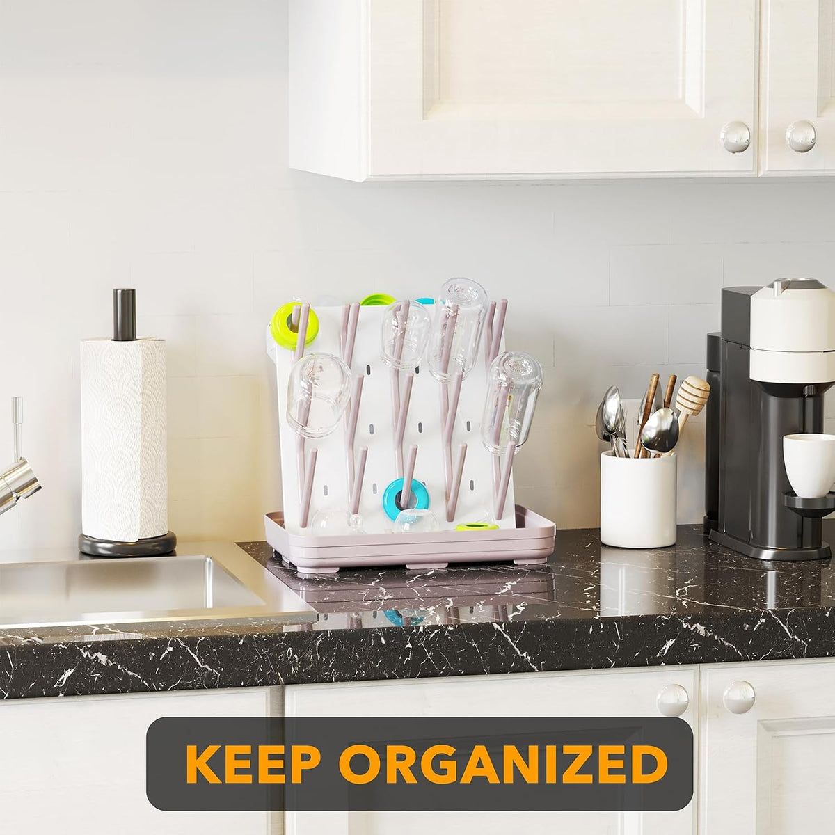 SpaceAid Baby Bottle Drying Rack with 20 Hooks, Space Saving Kitchen Bottles Rack Dryer, Vertical Baby Bottle Holder Organizer for Countertop Storage Accessories (White and Gray)