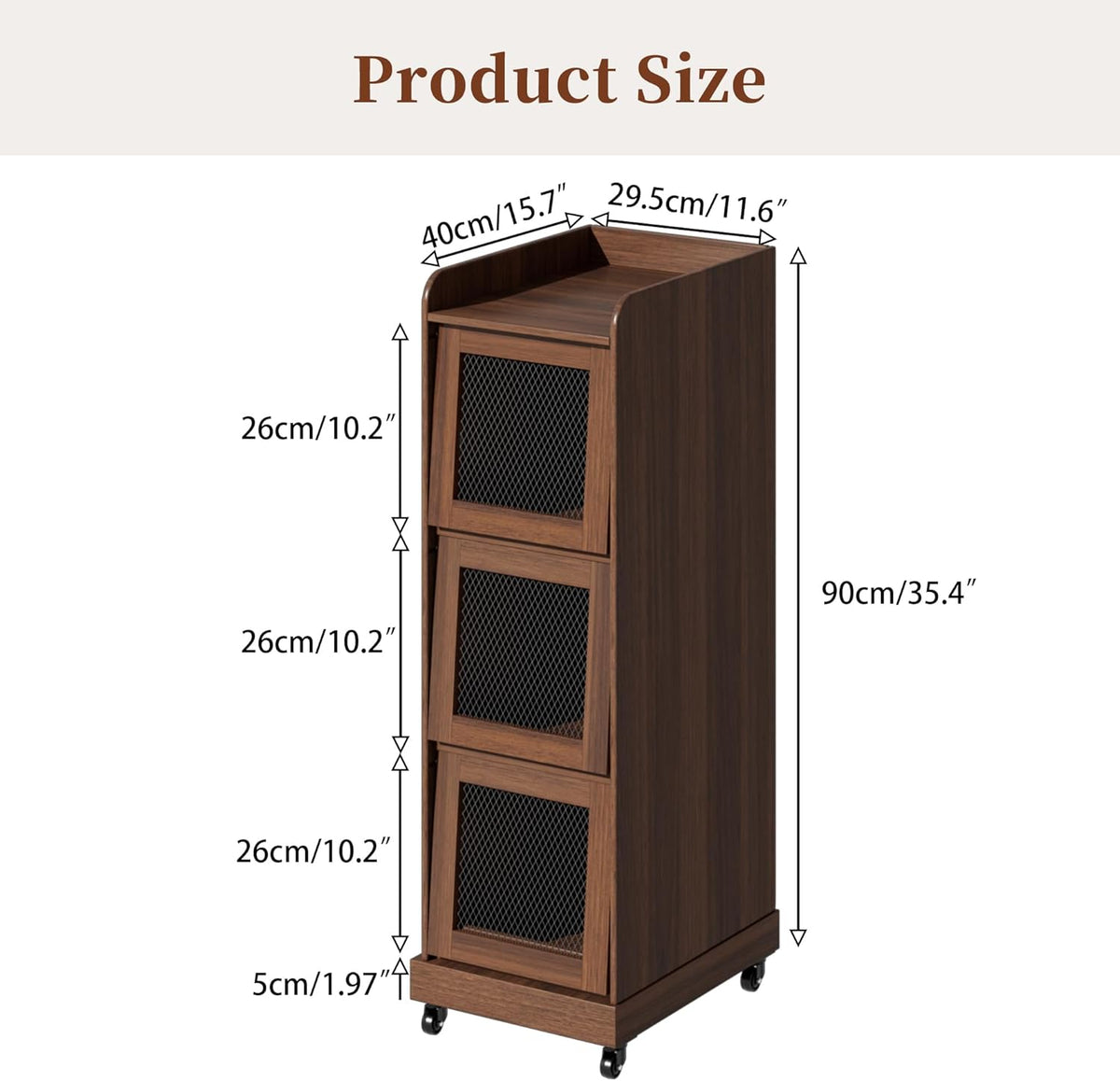 4 Tier Narrow Potato Storage Bin, Tall Wood Potato and Onion Storage Bin with Wheel, Movable Fruit and Vegetable Basket, Food Small Kitchen Pantry Cabinet, Wooden Bread Box, Walnut, Sliding Door