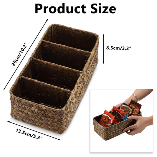 BSTKEY Seasoning Packet Organizer, Food Storage Organizer with 4 Compartments, Seagrass Woven Divided Basket for Kitchen Pantry Cabinet, Kitchen Organization Bin for Snacks Spice Packets