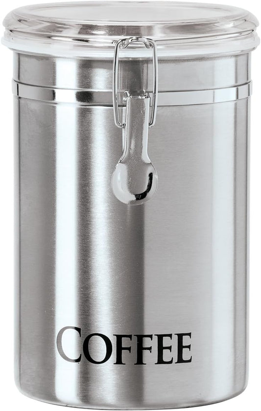Oggi Stainless Steel Sugar Canister 62 fl oz - Airtight Clamp Lid, Clear See-Thru Top - Ideal Sugar Container for Countertop, Sugar Jar, Bulk Sugar Storage. Large Size 5" x 7.5".