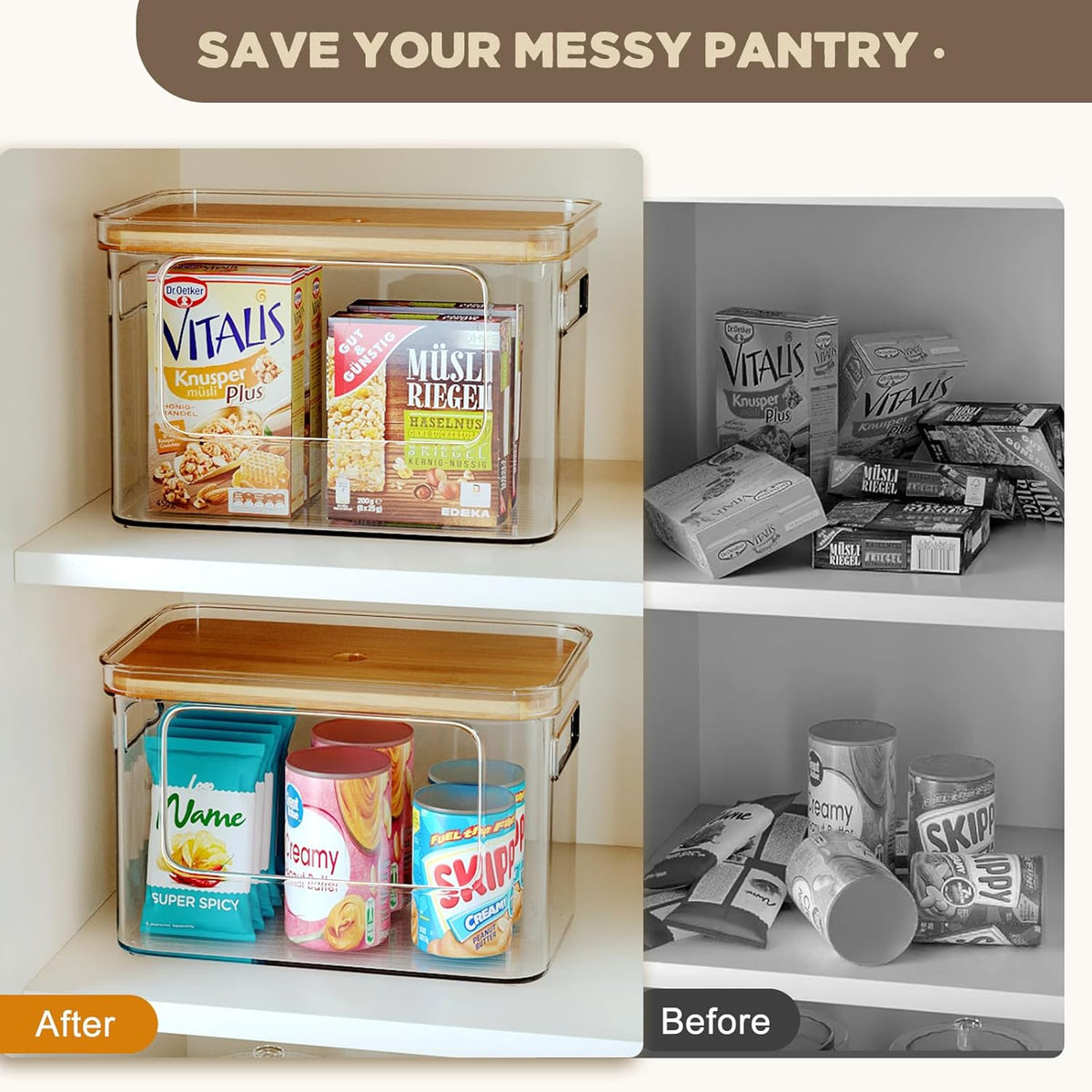 Hudgan Pantry Organizers and Storage with Straight Side, 2 Set Stackable Bin with Open Front for Onion,Potato,Garlic,Fruit, Clear Storage Bin with Bamboo Lid for Kitchen Cabinet, Countertop, Bathroom