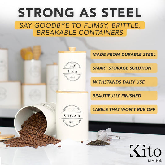Kito LIVING Canister Sets for Kitchen Counter with Wooden Bamboo Lids, Kitchen Canisters for Countertop, Stackable Steel Farmhouse Canisters for Potato Storage, Onion and Potato Storage Bins - Cream