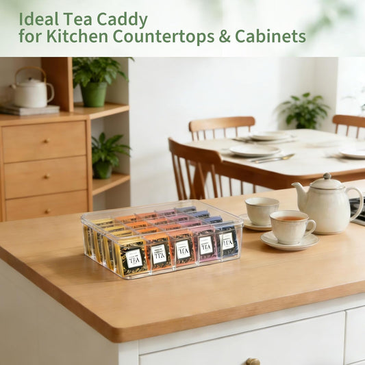Extra Large Tea Bag Organizer, Clear Acrylic Tea Bog Holder with Lid, Teabag Organizers and Storage for Countertop, Cabinet, Drink Packets Caddy for 16 Different Types
