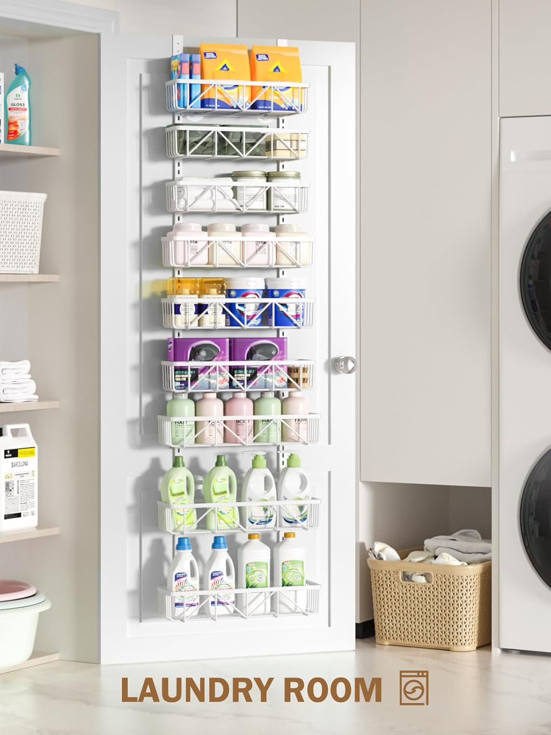 Delamu Narrow 9-Tier Over the Door Pantry Organizer, Adjustable Pantry Storage, Metal Hanging Spice Rack, Cabinet Door Organizer for Kitchen, Bathroom, Laundry Room, 12.5" White