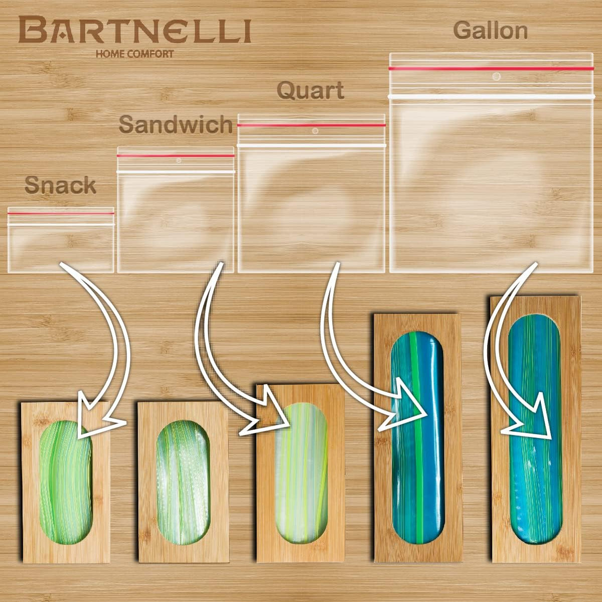 Bartnelli Bag Organizer for Kitchen Storage Organization, Premium Bamboo Drawer Organizer, Bag Holder Dispenser