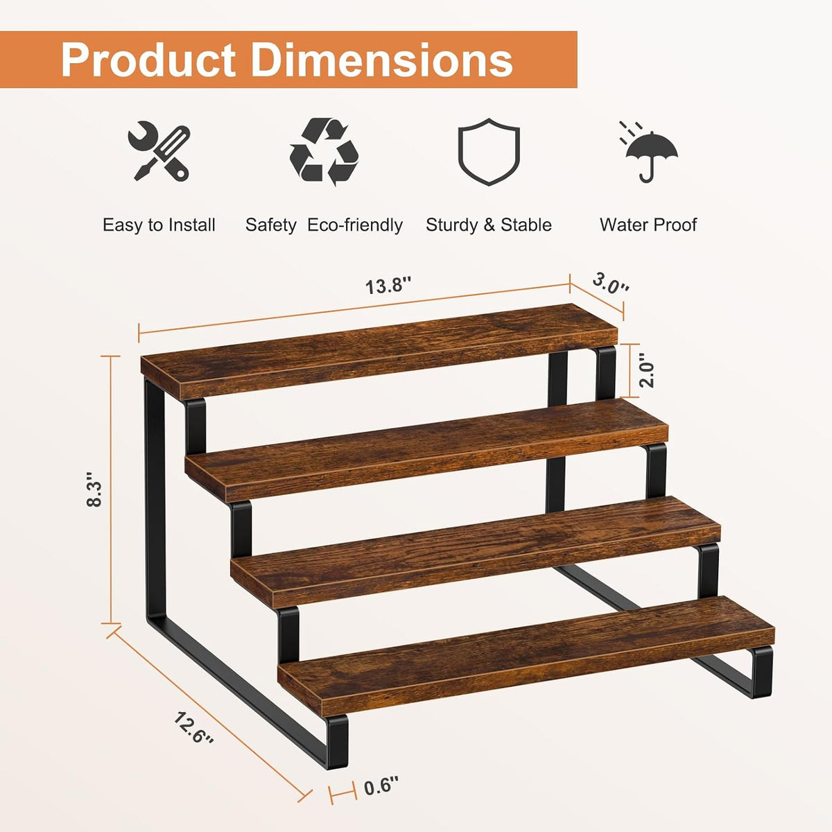 Giikin 3-Tier Spice Rack, 13.8 Inch Wood Step Shelf Countertop Spice Storage Holder, Kitchen Pantry Cabinet Organizer Cupboard for Spice Bottles, Jars, Seasonings, Baking Supplies, Metal Frame