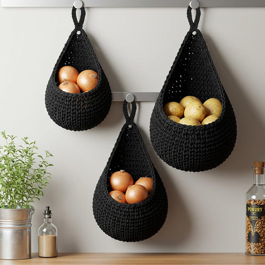 Honeydak Boho Decor Hanging Wall Baskets for Kitchen 3 Pack Teardrop Baskets with Hooks Storage Fruit Onion Vegetable Potato for Home 3 Sizes(Linen,Teardrop,Jute)